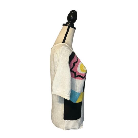 Vintage Ann Stevens White Abstract Print Sweater Size Small Short Sleeve Cozy - Picture 5 of 6